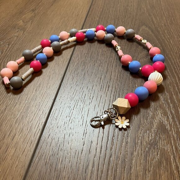 Stocking Stuffer! Handmade Pink/Gray/White/Blue Flower Lanyard - Picture 1 of 8